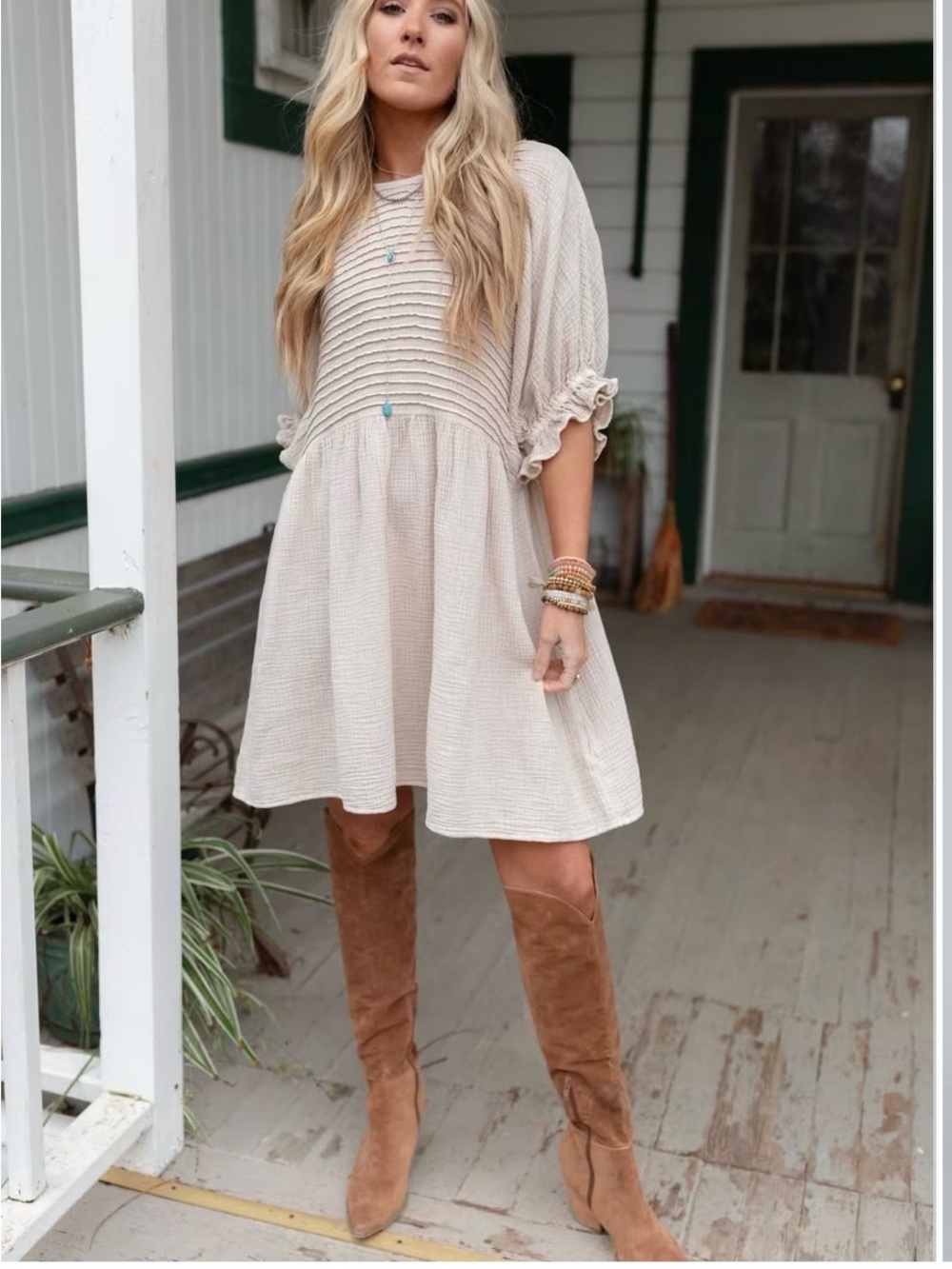 Three Bird Nest Cream Ruffle-Sleeve Mini Dress